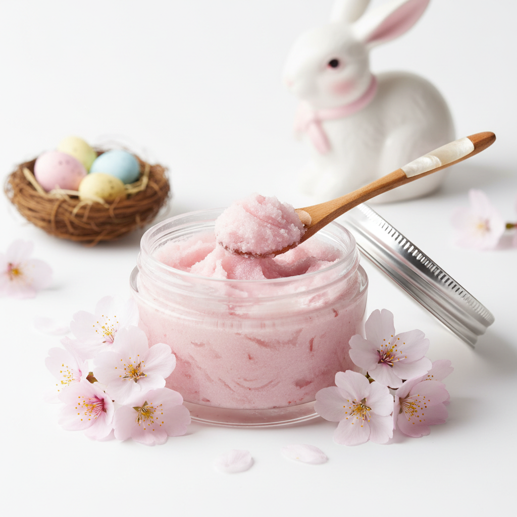 Cherry Blossom Body Scrub with pink cherry blossom flowers