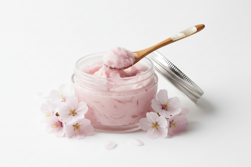 Cherry Blossom Body Scrub with pink cherry blossom flowers