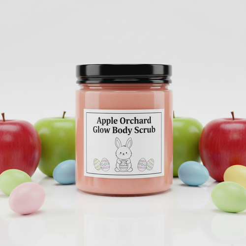 9oz Apple Orchard Glow Body Scrub with smooth texture in clear jar with black lid