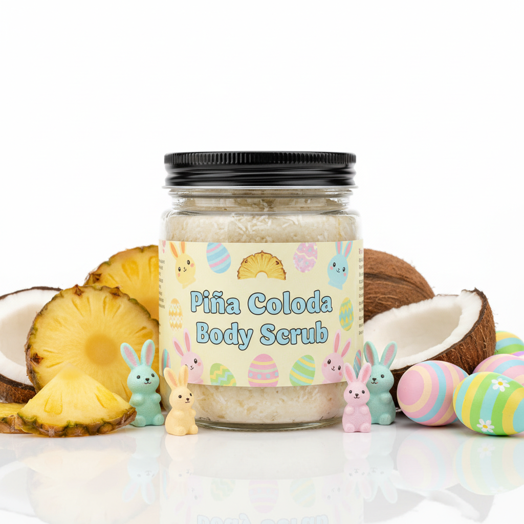 9oz Piña Colada Body Scrub in clear jar with black lid, Easter bunny and Easter egg label