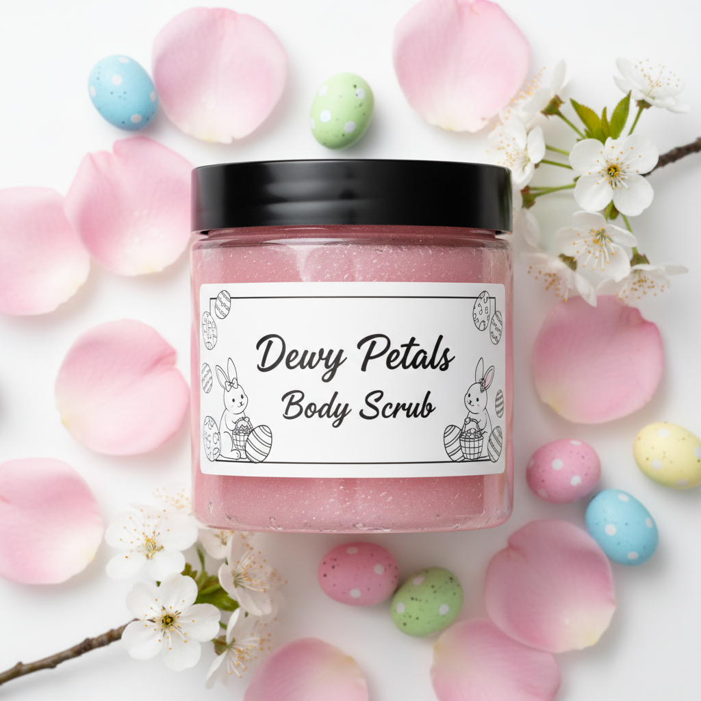9oz Dewy Petals Body Scrub with smooth texture in clear jar with black lid