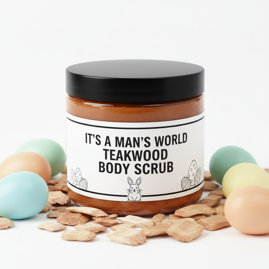 9oz It's a Man's World Teakwood Body Scrub with smooth texture in clear jar with black lid