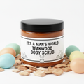 9oz It's a Man's World Teakwood Body Scrub with smooth texture in clear jar with black lid