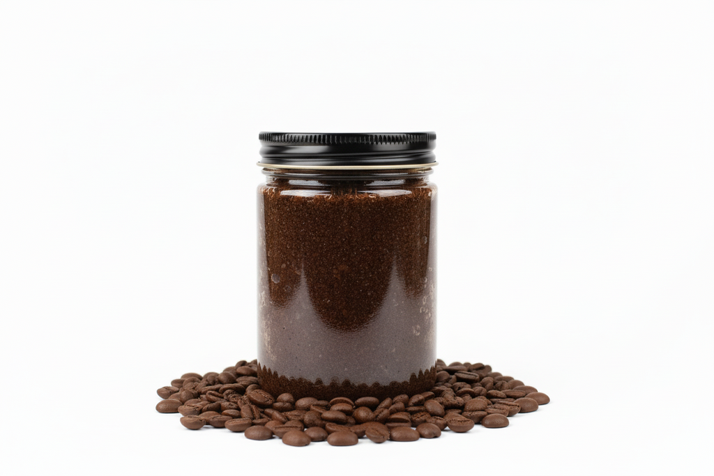 9oz Coffee Body Scrub in clear jar with black lid