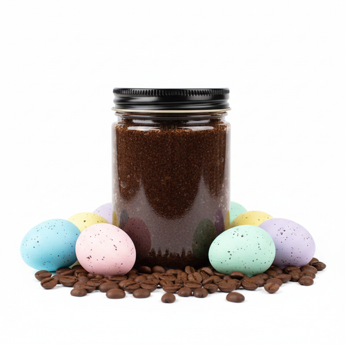 9oz Coffee Body Scrub in clear jar with black lid