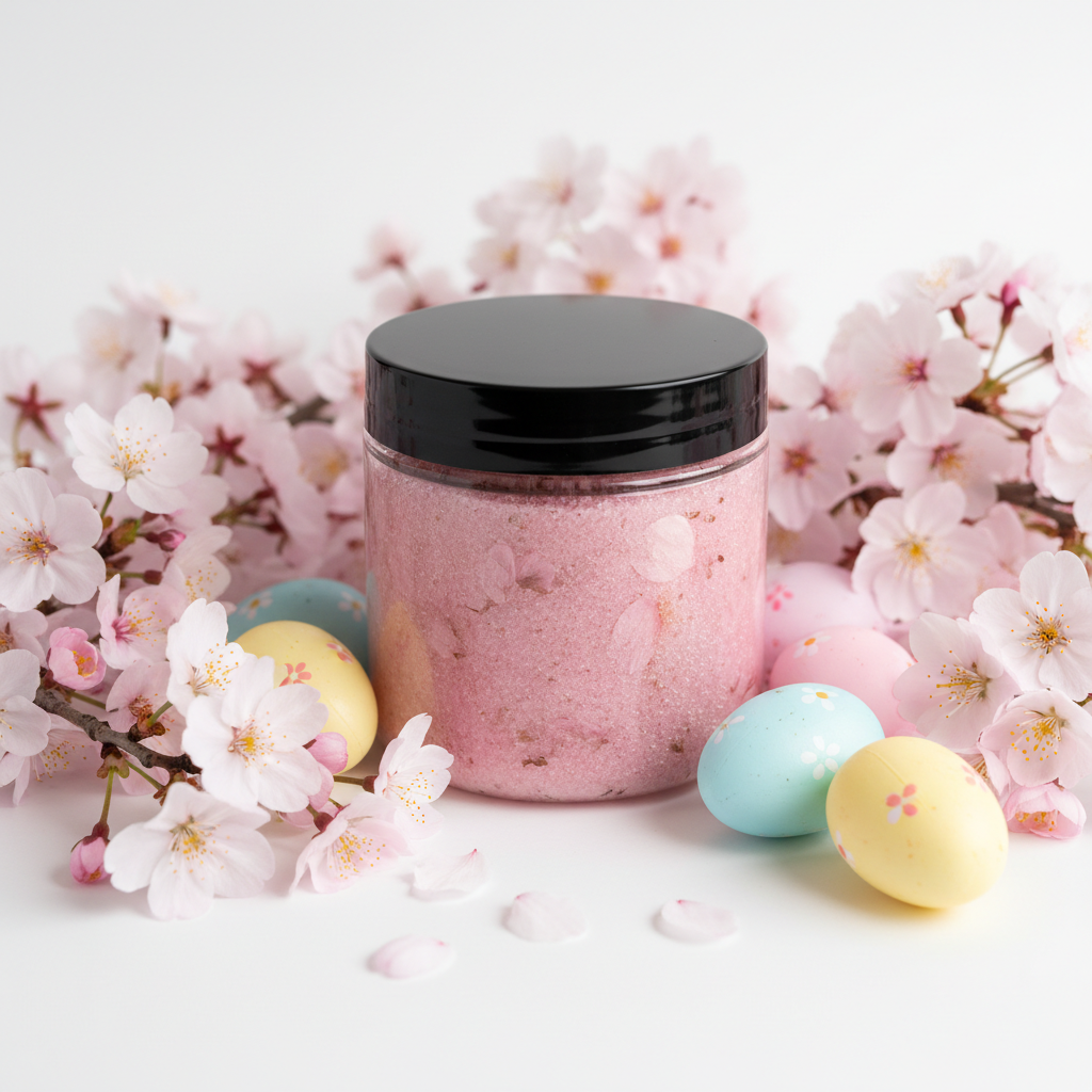 8oz Cherry Blossom Body Scrub in clear jar with black lid