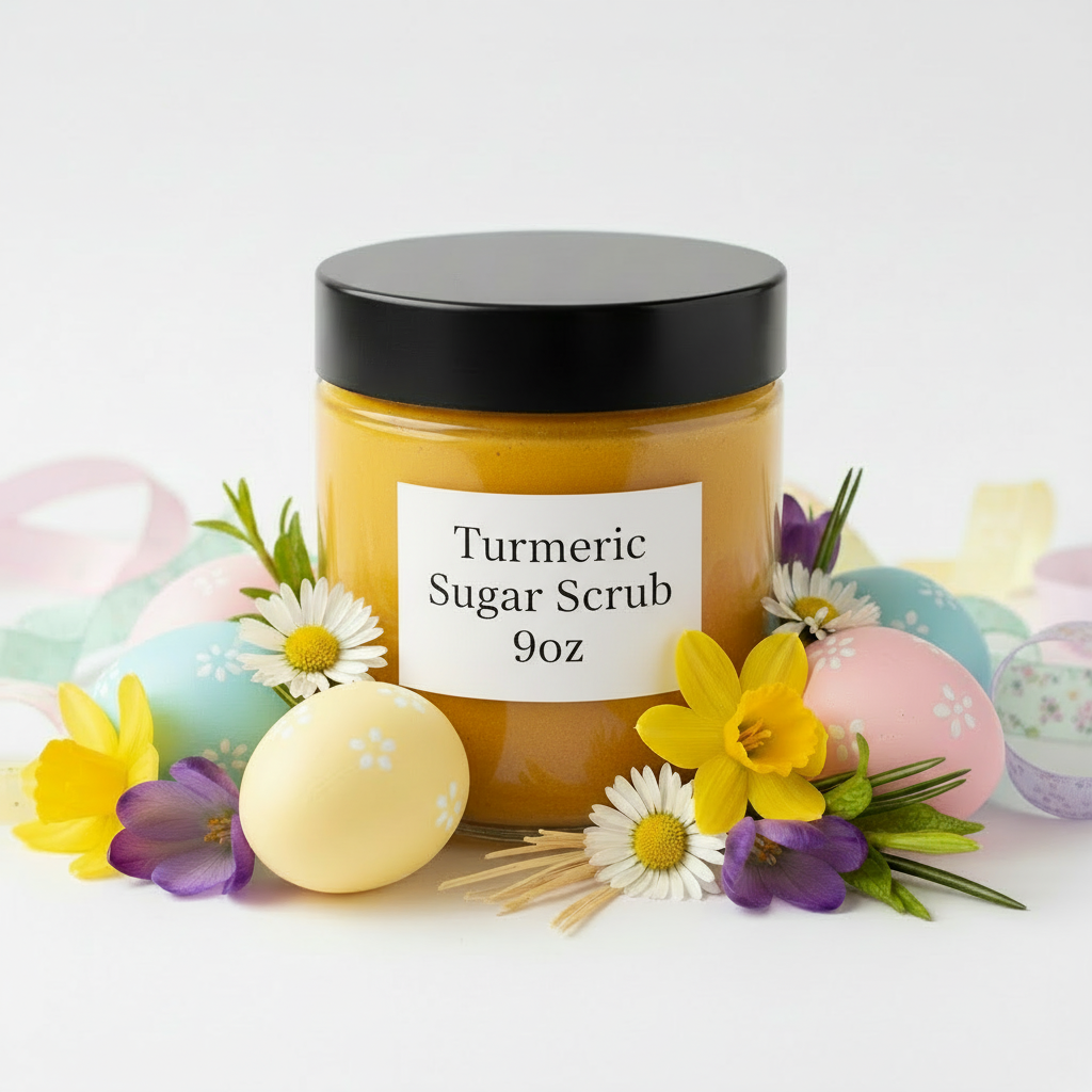 Turmeric Sugar Scrub 9oz in clear jar with black lid and Easter theme