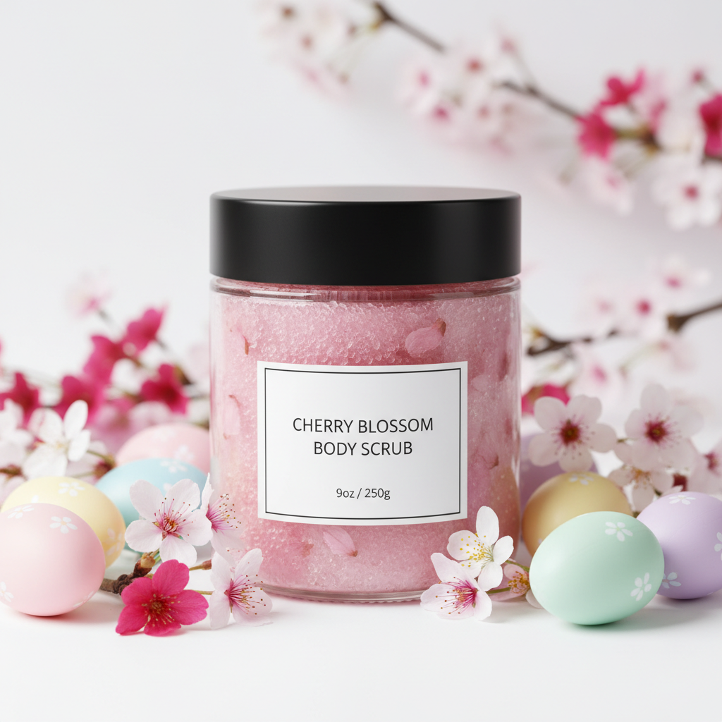 9oz Cherry Blossom Body Scrub in clear jar with black lid