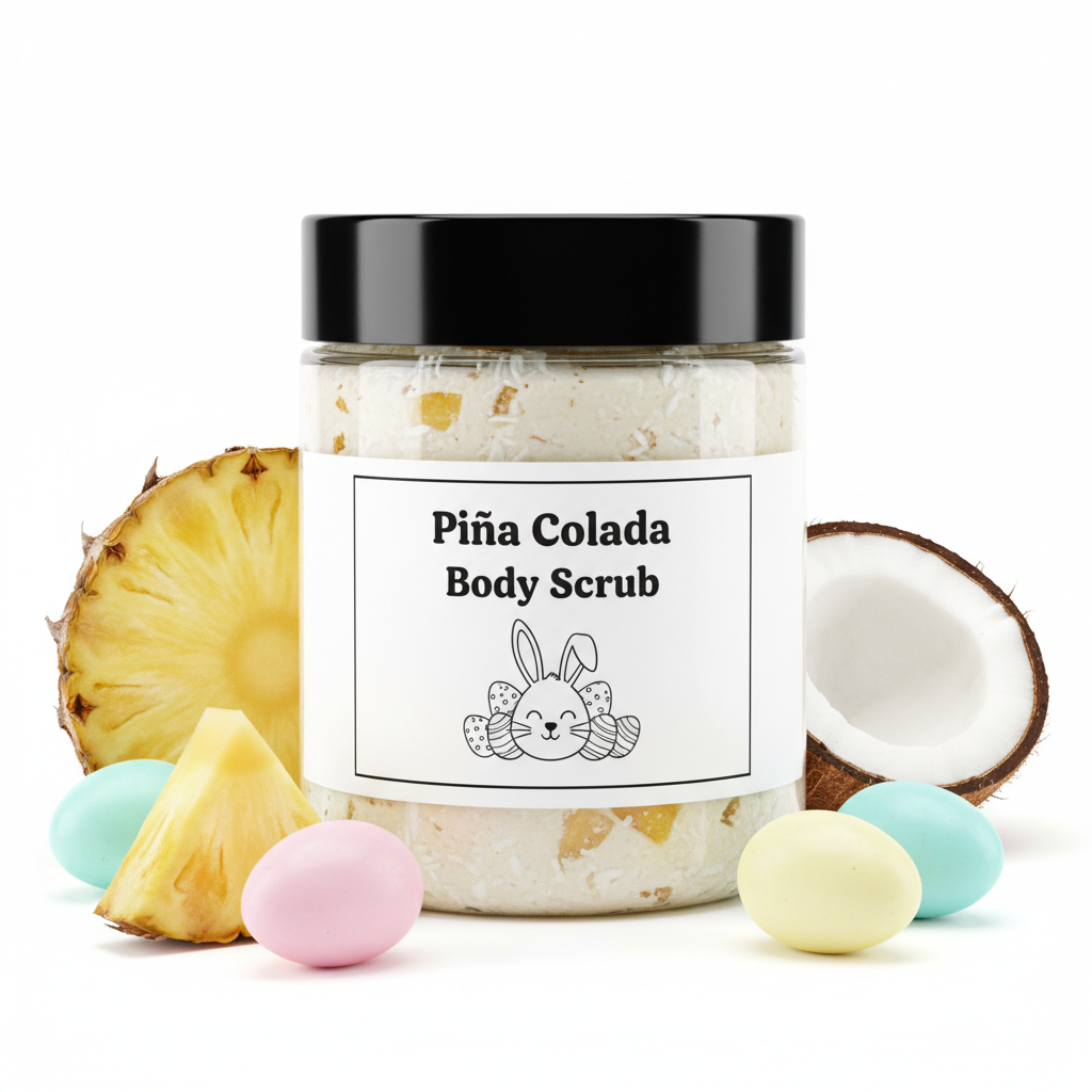 9oz Piña Colada Body Scrub in clear jar with black lid, white and black Easter bunny label
