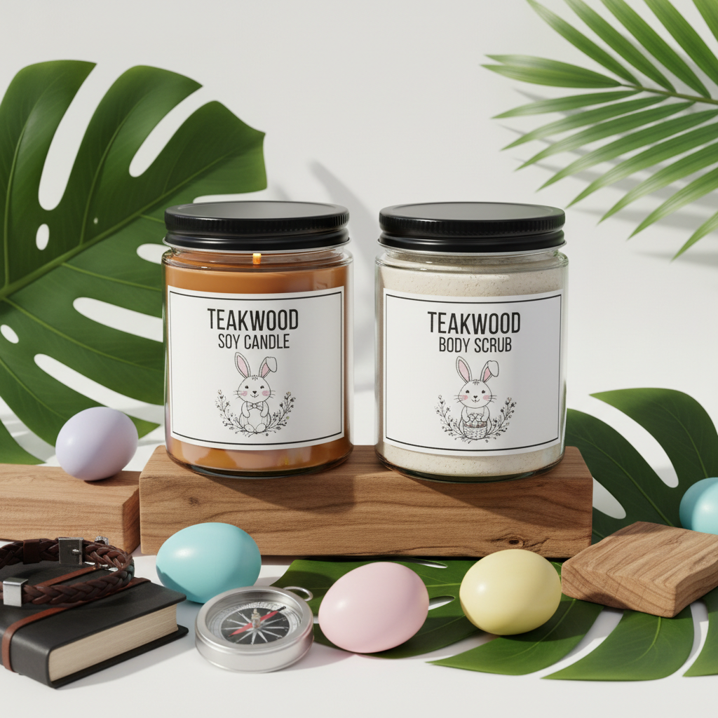 It's a Man's World Teakwood Easter Package Deal with candle and body scrub