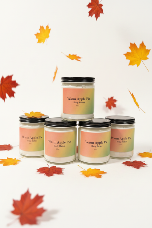 Warm Apple Pie Body Butter - White Background with Fall Leaves
